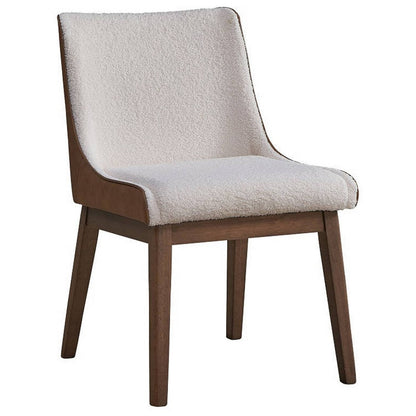 25 Inch Side Dining Chair Set of 2, Wingback, White Boucle, Walnut Brown