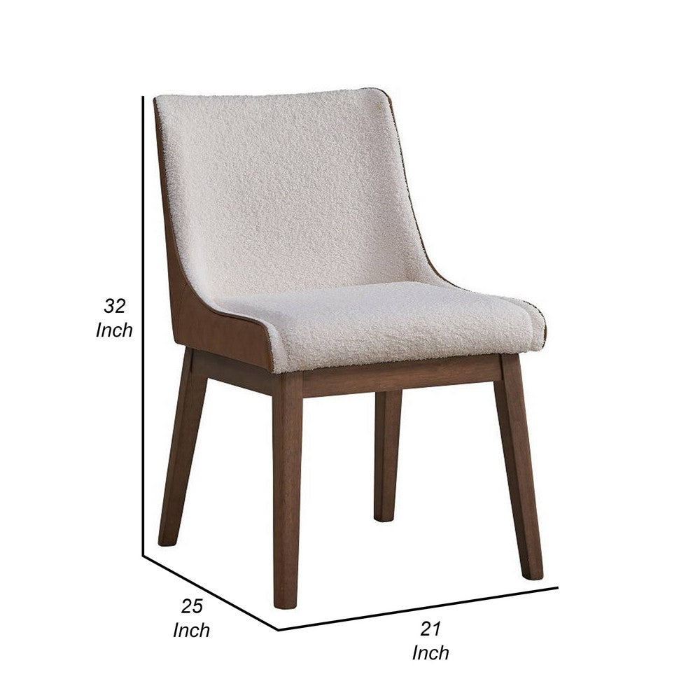 25 Inch Side Dining Chair Set of 2, Wingback, White Boucle, Walnut Brown