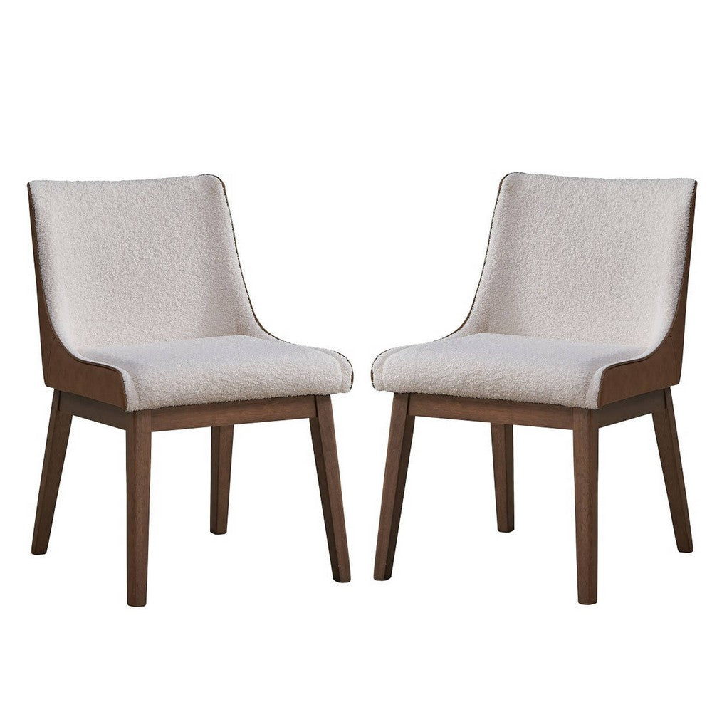 25 Inch Side Dining Chair Set of 2, Wingback, White Boucle, Walnut Brown