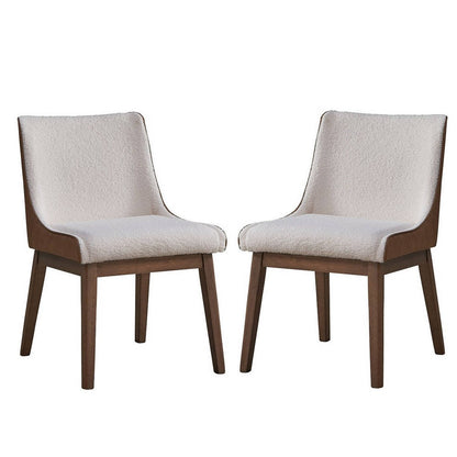 25 Inch Side Dining Chair Set of 2, Wingback, White Boucle, Walnut Brown