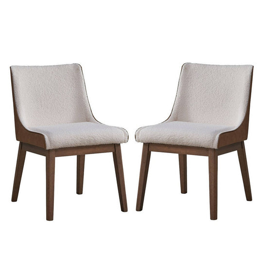 25 Inch Side Dining Chair Set of 2, Wingback, White Boucle, Walnut Brown