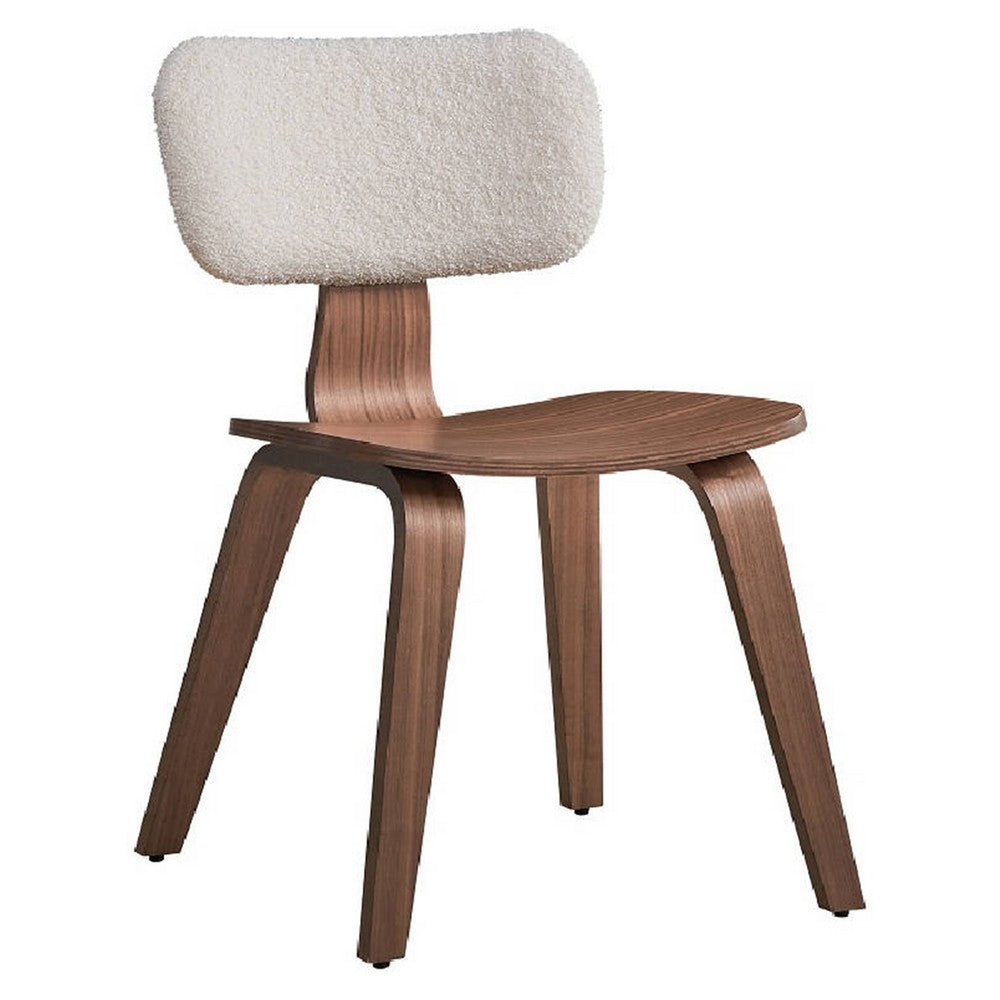 Aon 22 Inch Side Dining Chair Set of 2, Curved, White Boucle, Walnut Brown