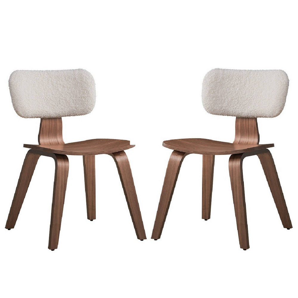 Aon 22 Inch Side Dining Chair Set of 2, Curved, White Boucle, Walnut Brown