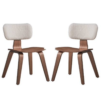 Aon 22 Inch Side Dining Chair Set of 2, Curved, White Boucle, Walnut Brown