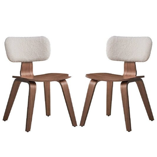 Aon 22 Inch Side Dining Chair Set of 2, Curved, White Boucle, Walnut Brown