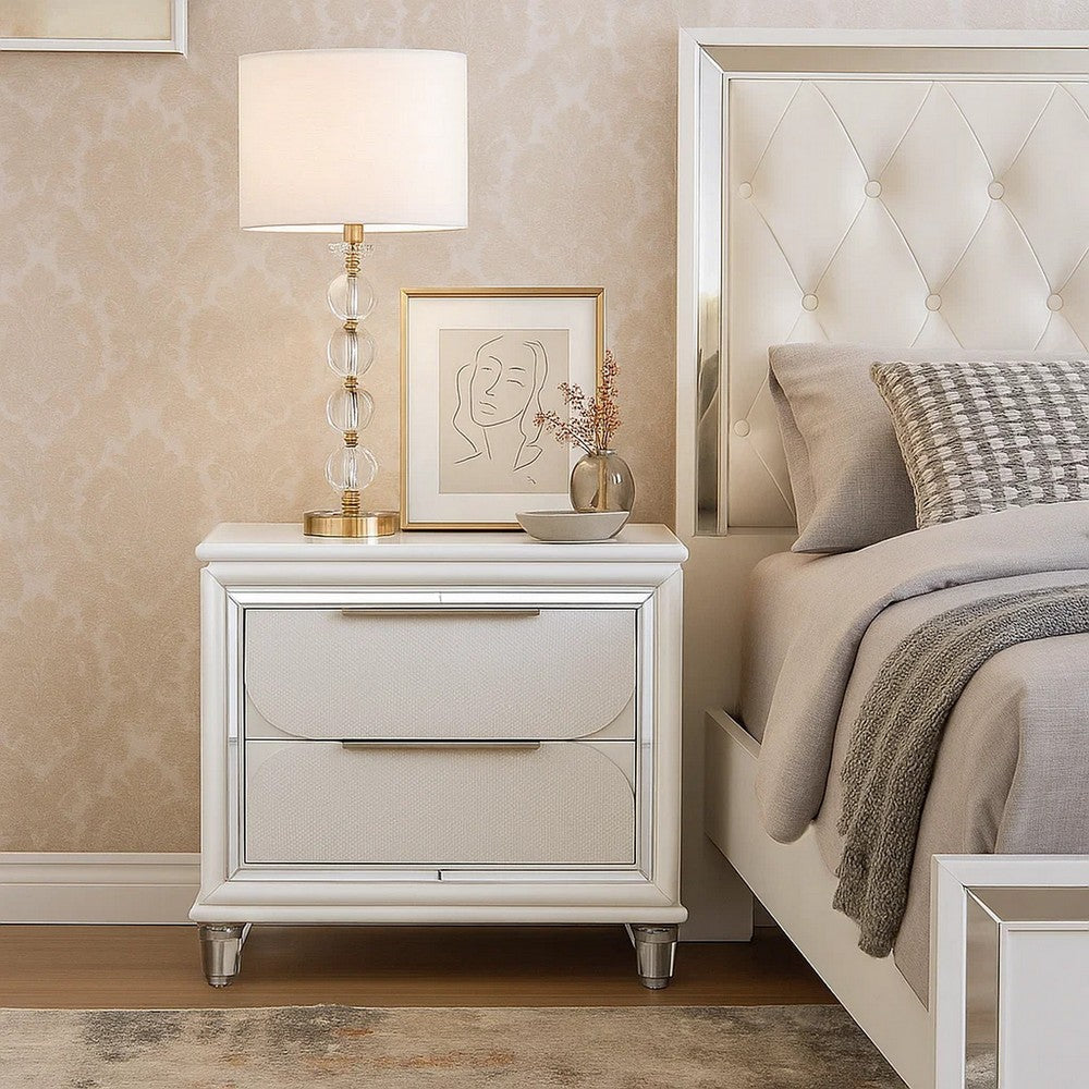 Rara 30 Inch Nightstand, 2 Drawers, Mirror Trim, Acrylic Legs, White