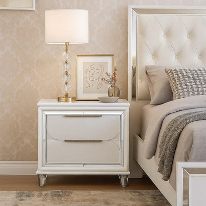 Rara 30 Inch Nightstand, 2 Drawers, Mirror Trim, Acrylic Legs, White