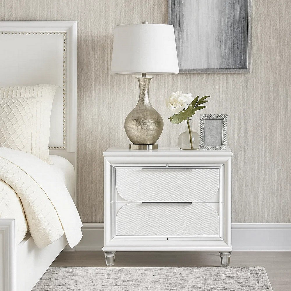 Rara 30 Inch Nightstand, 2 Drawers, Mirror Trim, Acrylic Legs, White