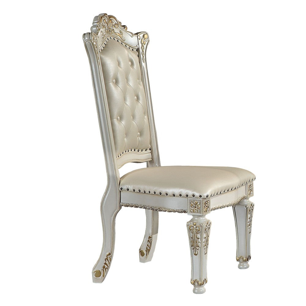 Doe 27 Inch Side Dining Chair Set of 2, Nailhead, Tufted White Faux Leather