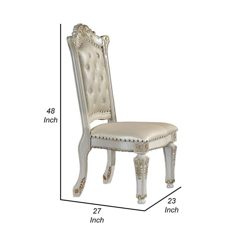 Doe 27 Inch Side Dining Chair Set of 2, Nailhead, Tufted White Faux Leather