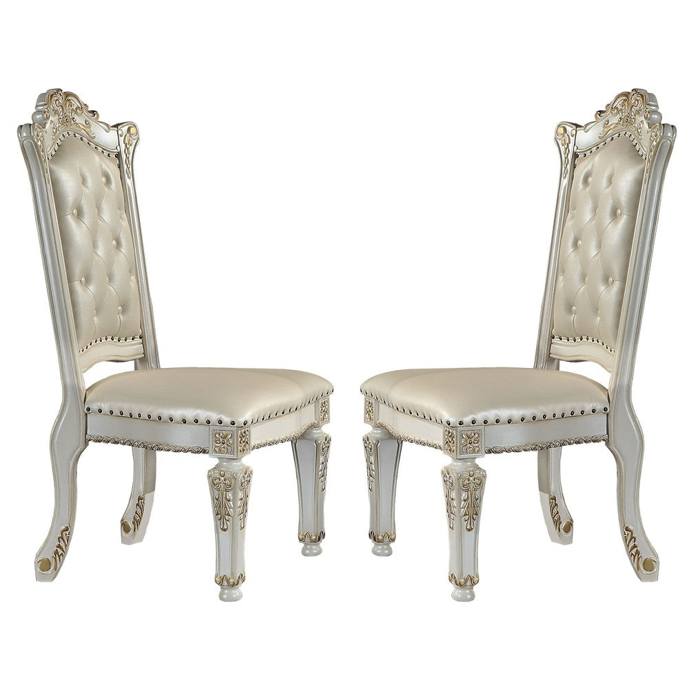 Doe 27 Inch Side Dining Chair Set of 2, Nailhead, Tufted White Faux Leather
