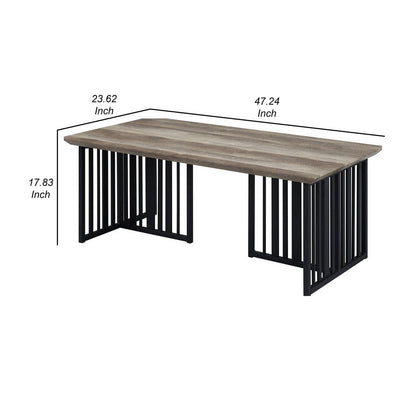 Nori 47 Inch Coffee Table, Distressed Brown Top, Black Metal Slatted Base