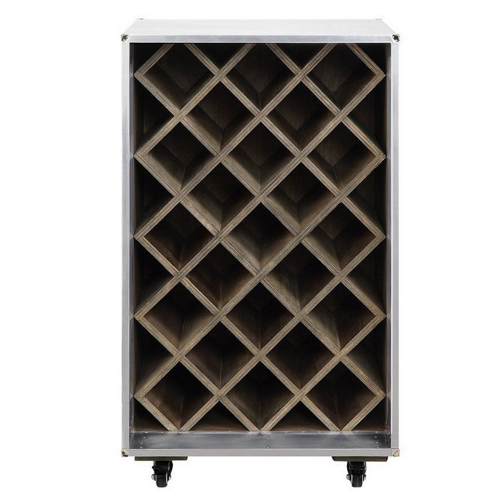 35 Inch Wine Cabinet, Nailhead Trim, Caster Wheels, Silver Aluminium Finish