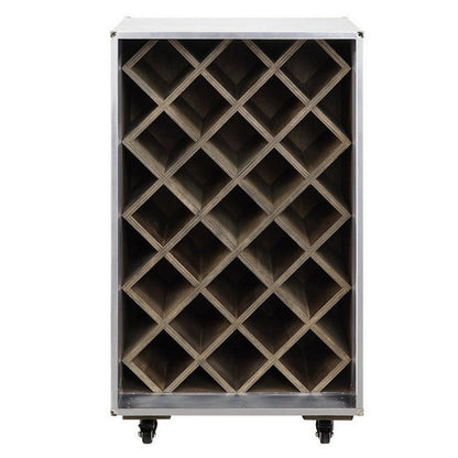 35 Inch Wine Cabinet, Nailhead Trim, Caster Wheels, Silver Aluminium Finish
