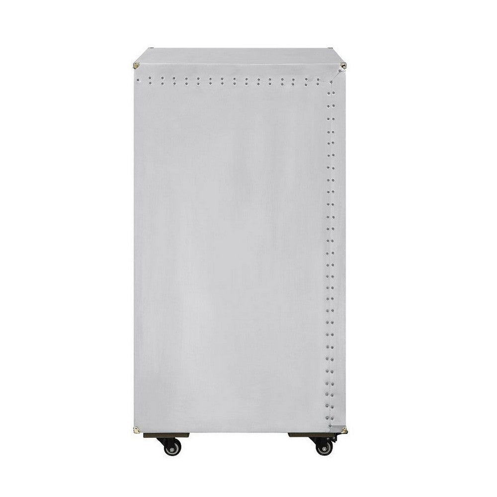 35 Inch Wine Cabinet, Nailhead Trim, Caster Wheels, Silver Aluminium Finish