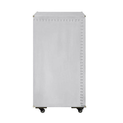 35 Inch Wine Cabinet, Nailhead Trim, Caster Wheels, Silver Aluminium Finish