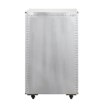 35 Inch Wine Cabinet, Nailhead Trim, Caster Wheels, Silver Aluminium Finish