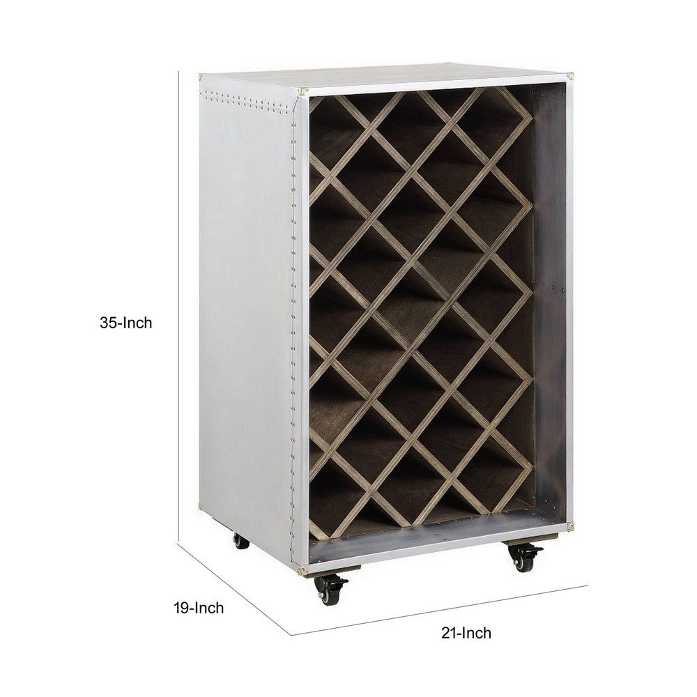 35 Inch Wine Cabinet, Nailhead Trim, Caster Wheels, Silver Aluminium Finish