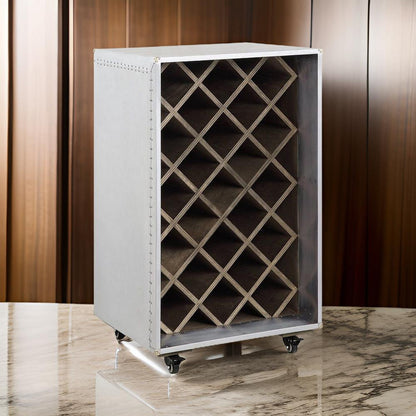 35 Inch Wine Cabinet, Nailhead Trim, Caster Wheels, Silver Aluminium Finish