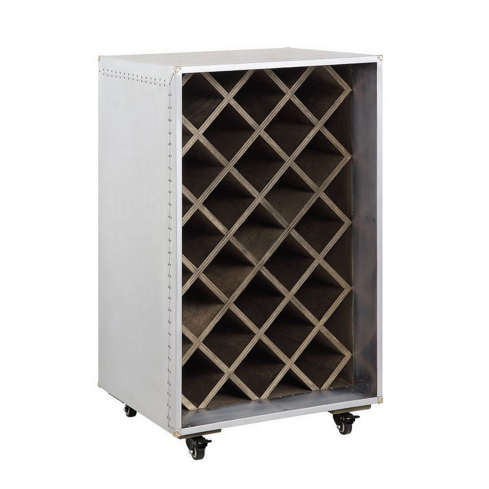 35 Inch Wine Cabinet, Nailhead Trim, Caster Wheels, Silver Aluminium Finish