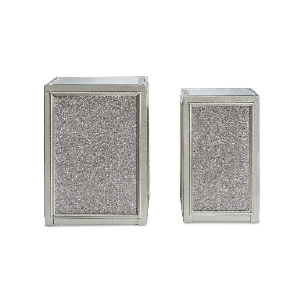 Brad Set of 2 Nesting Side End Tables, Mirrored Glass, Silver Wood Finish