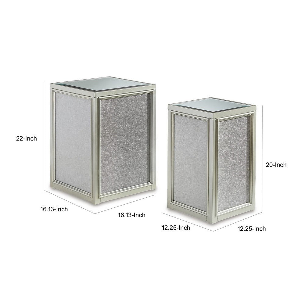 Brad Set of 2 Nesting Side End Tables, Mirrored Glass, Silver Wood Finish