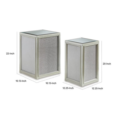 Brad Set of 2 Nesting Side End Tables, Mirrored Glass, Silver Wood Finish