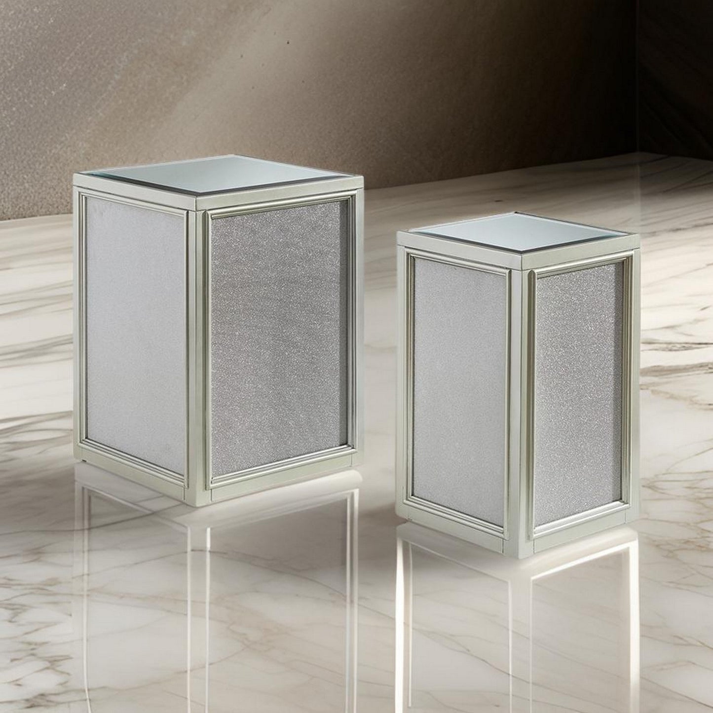 Brad Set of 2 Nesting Side End Tables, Mirrored Glass, Silver Wood Finish