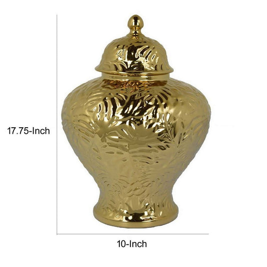 Aniea 18 Inch Accent Temple Jar, Geometric Design, Dome Lid, Gold Ceramic