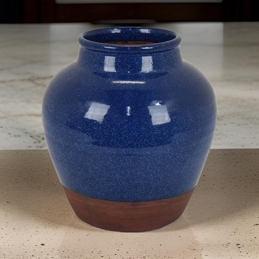Venny 12 Inch Ceramic Flower Vase, Two Tone Antique Blue and Brown Finish
