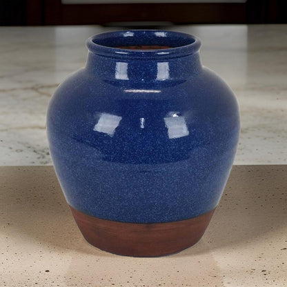 Venny 12 Inch Ceramic Flower Vase, Two Tone Antique Blue and Brown Finish