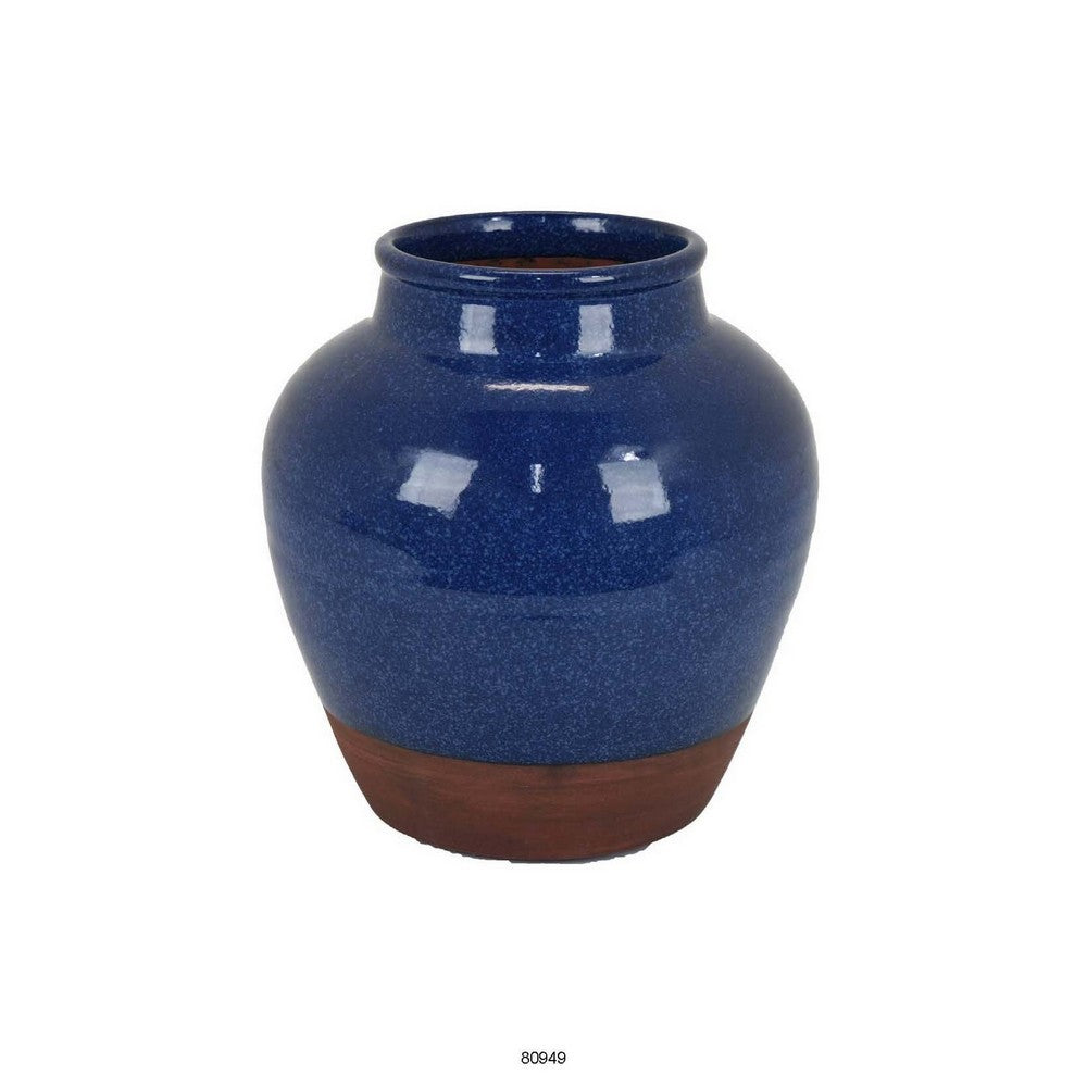 Venny 12 Inch Ceramic Flower Vase, Two Tone Antique Blue and Brown Finish