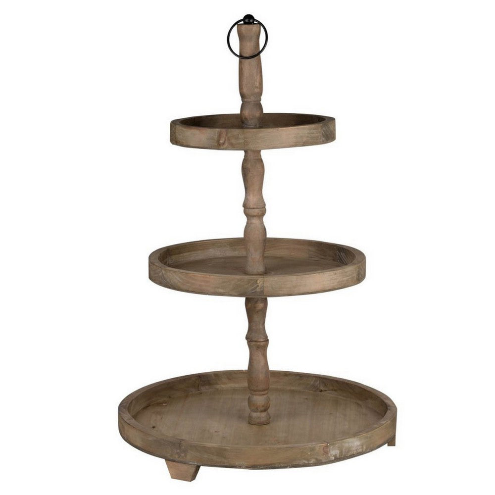 Zia 30 Inch 3 Tier Serving Tray, Flat Round Plates, Brown Fir Wood Finish