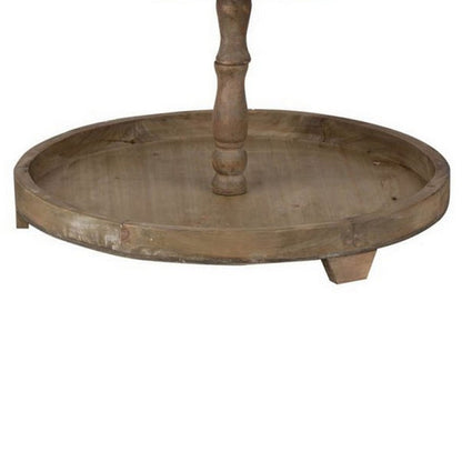 Zia 30 Inch 3 Tier Serving Tray, Flat Round Plates, Brown Fir Wood Finish