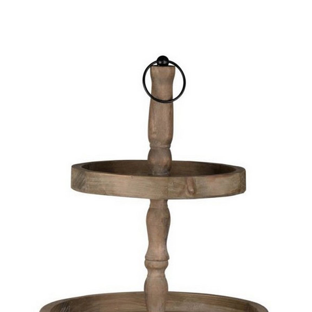 Zia 30 Inch 3 Tier Serving Tray, Flat Round Plates, Brown Fir Wood Finish