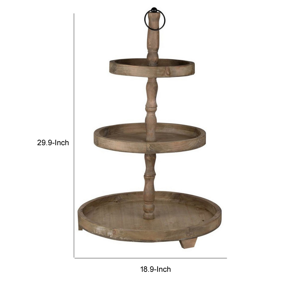Zia 30 Inch 3 Tier Serving Tray, Flat Round Plates, Brown Fir Wood Finish