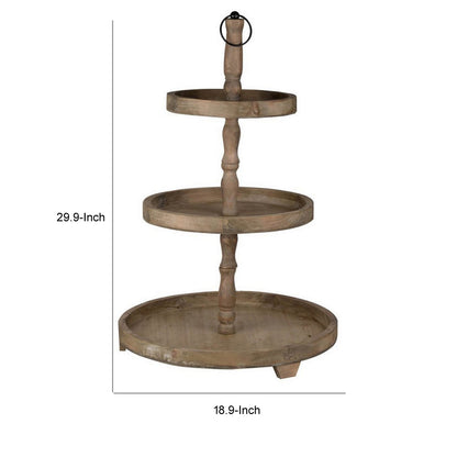 Zia 30 Inch 3 Tier Serving Tray, Flat Round Plates, Brown Fir Wood Finish