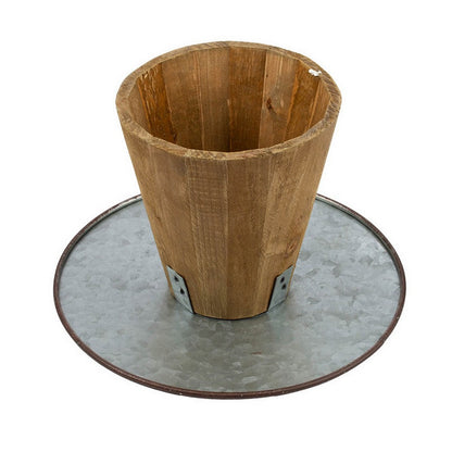 11, 15 Inch Set of 2 Serving Cake Stands, Brown Fir Wood and Gray Metal