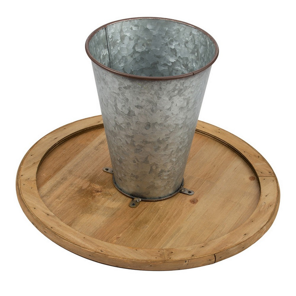 11, 15 Inch Set of 2 Serving Cake Stands, Brown Fir Wood and Gray Metal