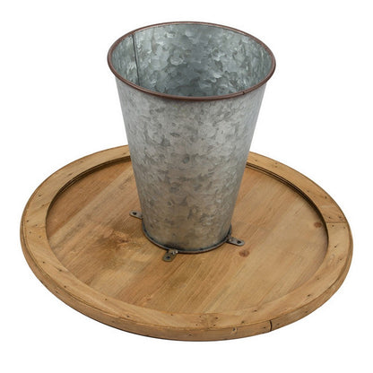 11, 15 Inch Set of 2 Serving Cake Stands, Brown Fir Wood and Gray Metal