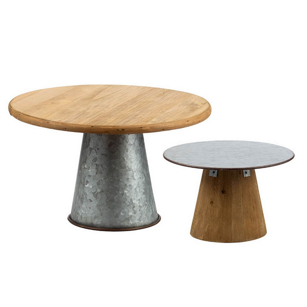 11, 15 Inch Set of 2 Serving Cake Stands, Brown Fir Wood and Gray Metal