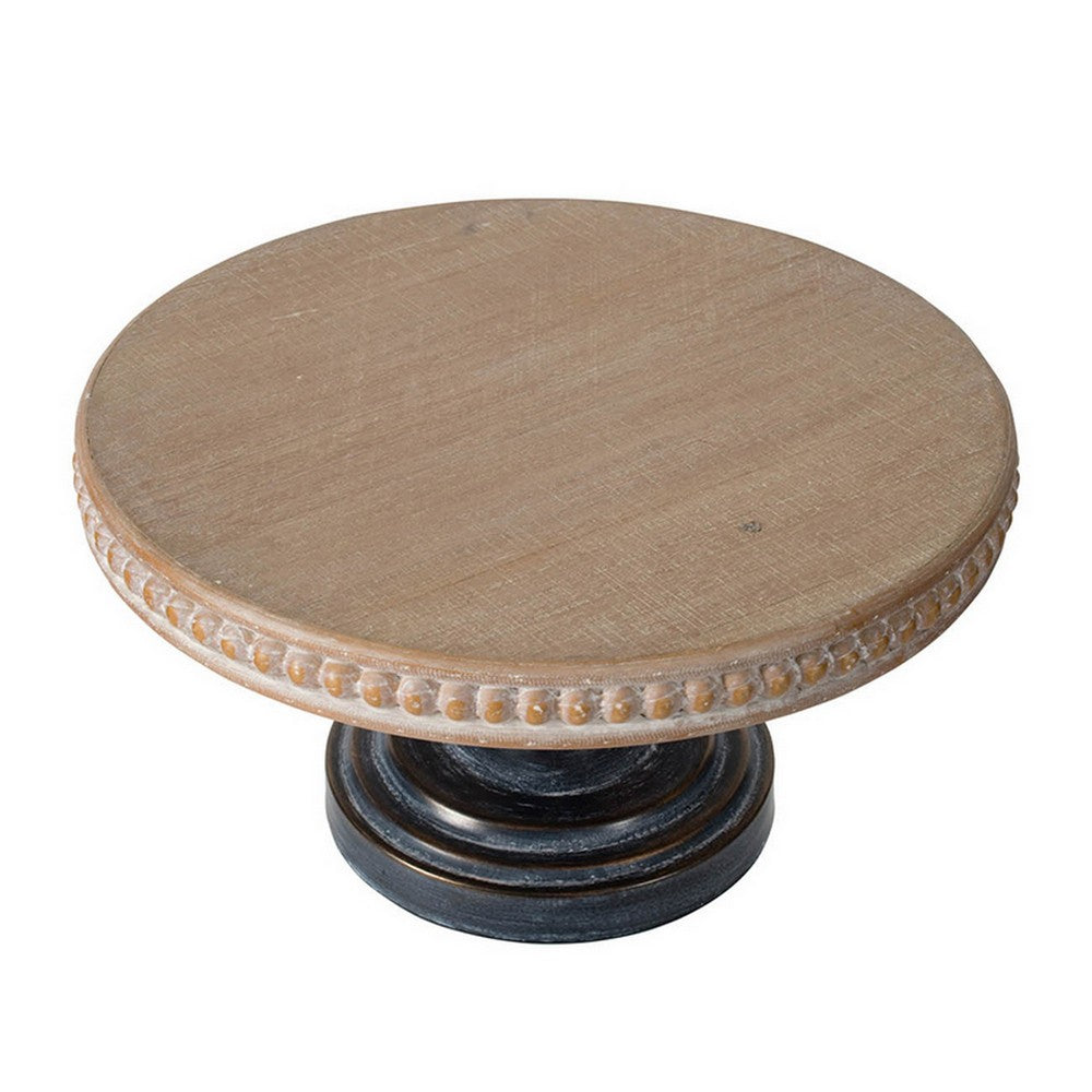 Marrie 14 Inch Round Decorative Tray, Black Iron Padestal Base, Wood Top