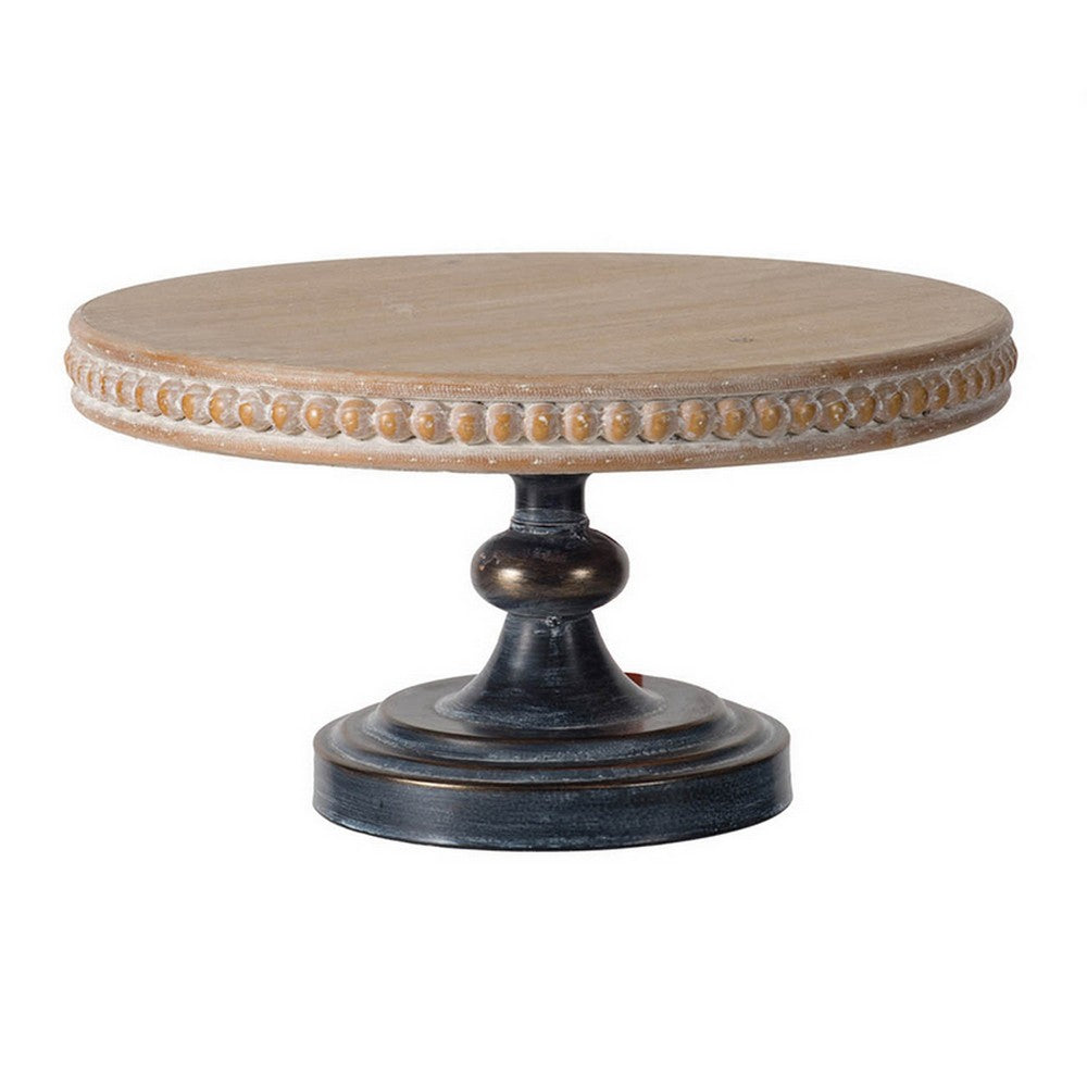 Marrie 14 Inch Round Decorative Tray, Black Iron Padestal Base, Wood Top