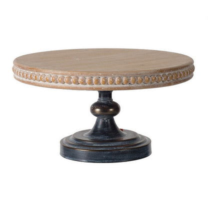 Marrie 14 Inch Round Decorative Tray, Black Iron Padestal Base, Wood Top