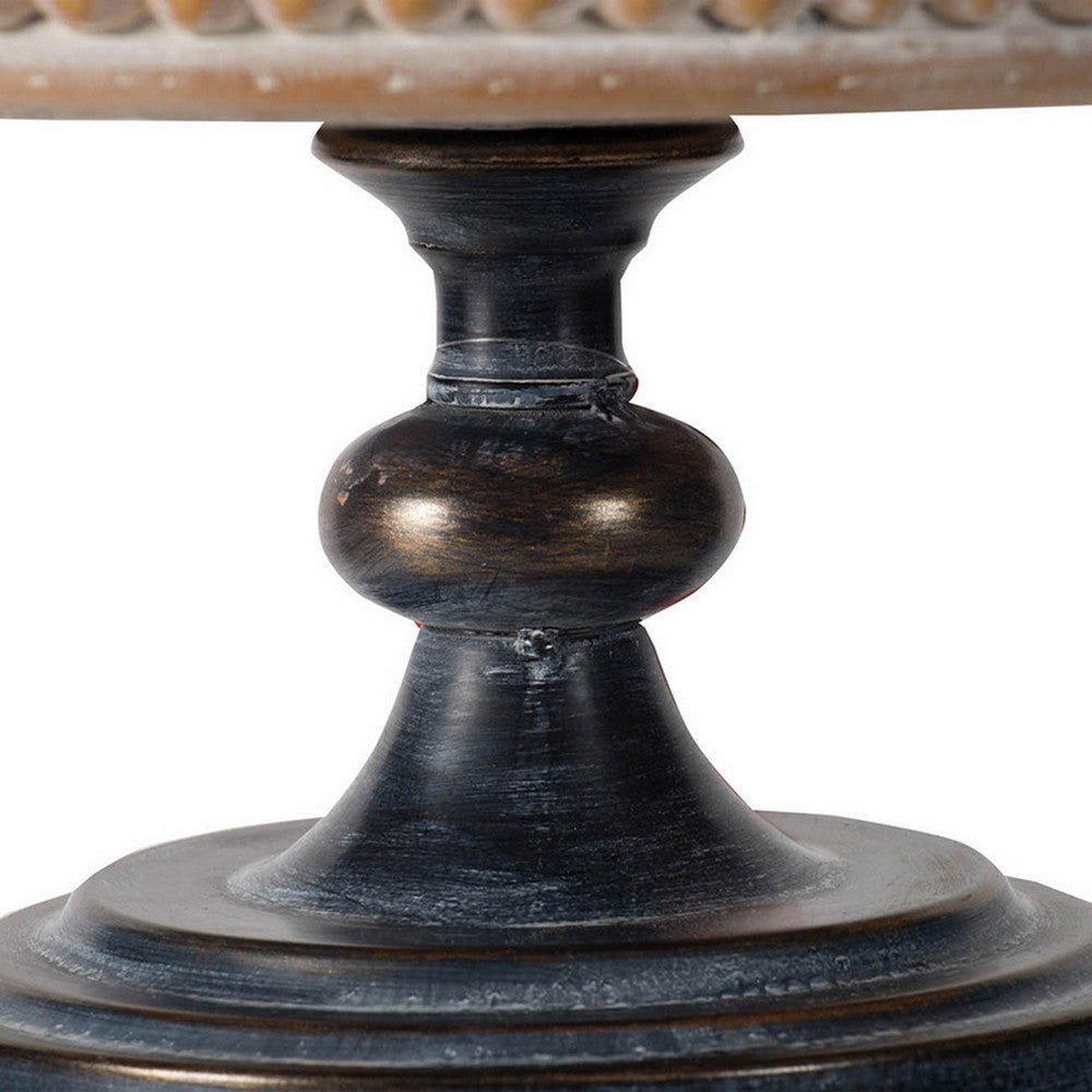Marrie 14 Inch Round Decorative Tray, Black Iron Padestal Base, Wood Top