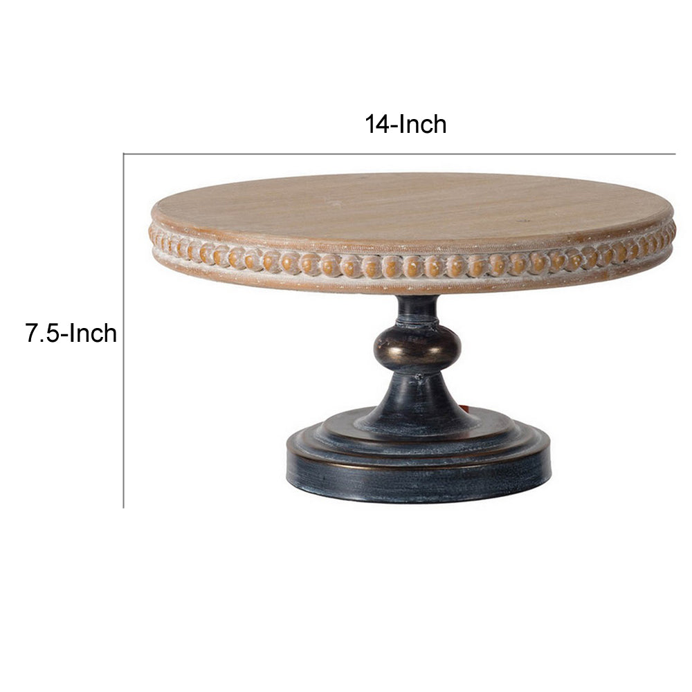 Marrie 14 Inch Round Decorative Tray, Black Iron Padestal Base, Wood Top