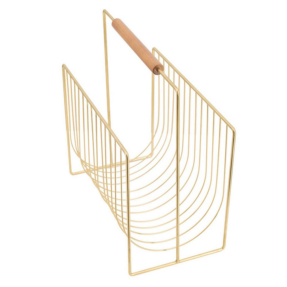 Raina 15 Inch Decorative Magazine Rack, Curved Stack, Gold Finished Iron