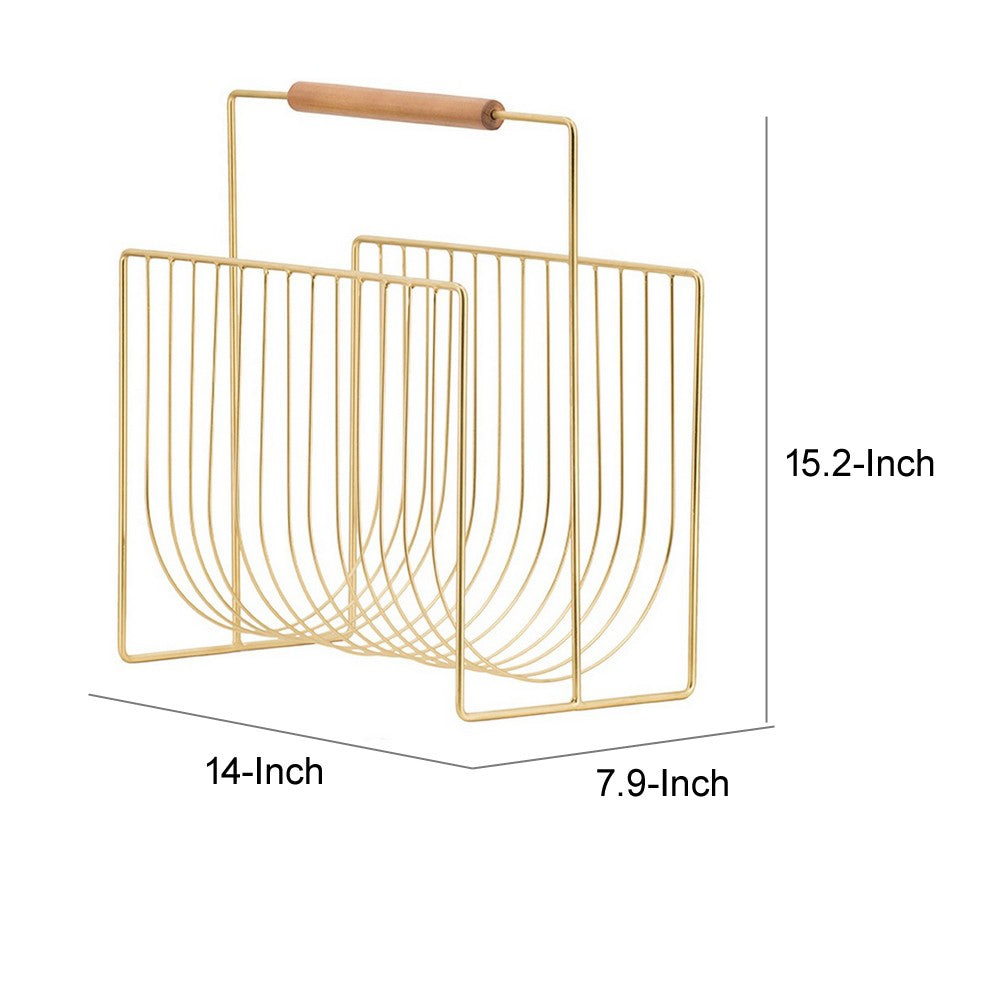 Raina 15 Inch Decorative Magazine Rack, Curved Stack, Gold Finished Iron