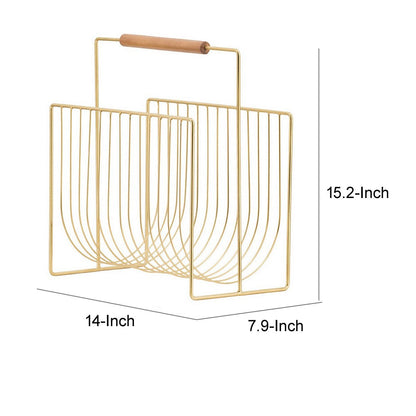 Raina 15 Inch Decorative Magazine Rack, Curved Stack, Gold Finished Iron