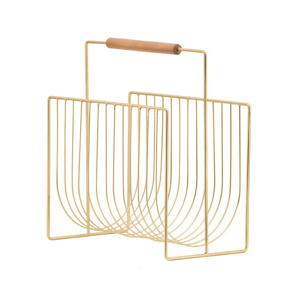 Raina 15 Inch Decorative Magazine Rack, Curved Stack, Gold Finished Iron